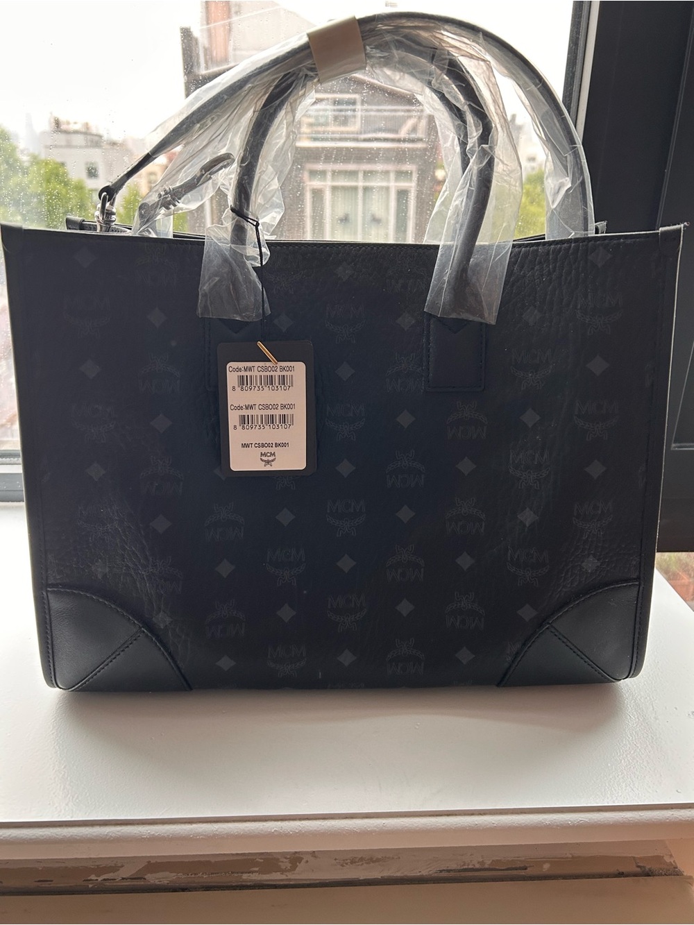 MCM Black Monogram Tote with Subtle Gray Motif